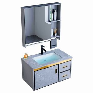 Mobile Bagno di Lusso Moderno Sospeso con Specchio e Lavabo Integrato in Alluminio - Product Image 5