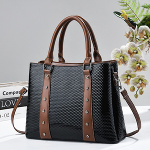 Black Glossy Textured Women Handbag <b>Studded</b> PU Leather Shoulder <b>Bag</b> Ladies Elegant Crossbody Tote Purse for Work Daily - Product Image 1