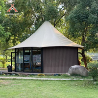 Kawagebo Kamp 7x7m hexagonale en verre complexe de luxe glamping maisons à cadre en acier grande famille Safari Hotel Lodge tente avec salle de bain