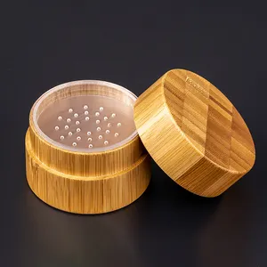 Factory Directly Supplier Red Color Portable Loose Powder Compact Case Hot Stamping Bamboo Compact Powder Case Round