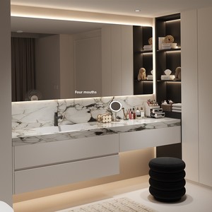 Mueble de Baño Combinado con Tocador, Gabinete Integrado, Espejo LED Inteligente, Lavabo de Cerámica Impermeable <span class=keywords><strong>IPX4</strong></span>, Sala de Maquillaje - Product Image 1