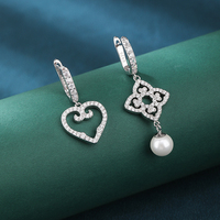 925 Sterling Silber Kubisches Zirkonia Perlen-Ohrhänger für Damen, Herz-Blumen-Design mit Hebelverschluss, Modeschmuck, Geschenk, Trendy, Hochwertig