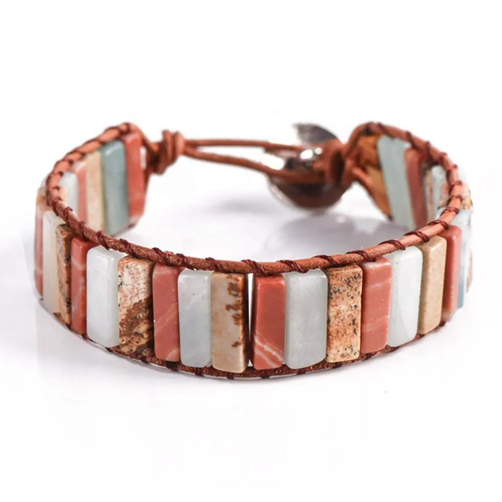 Women Vintage Charms Jewelry Boho Chic Handmade Tube Gemstone Beads Leather Cuff Wrap Bracelet Gift