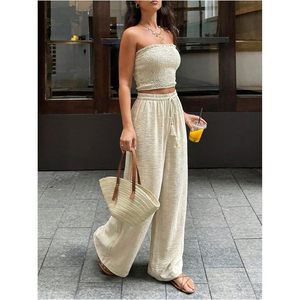 FOXA Women's 2 Piece <b>Linen</b> Set Ruffle Trim Tube <b>Top</b> Wide Leg Pants Breathable Vacation Outfit - Product Image 5