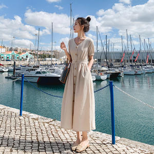 Nuovo abito camicia gonna a campana con collo a V in cotone e <span class=keywords><strong>lino</strong></span> <span class=keywords><strong>misto</strong></span> <span class=keywords><strong>misto</strong></span> a maniche corte abito monopetto - Product Image 4