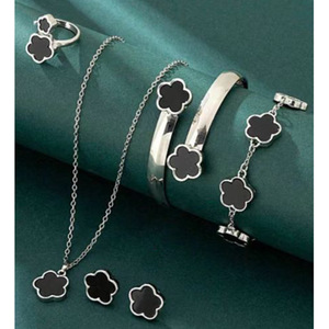 5Pcs Five Petal Flower Jewelry <b>Set</b> Alloy Necklace Bracelet <b>Bangle</b> Earring Ring Floral Stackable Daily Women Jewelry - Product Image 4