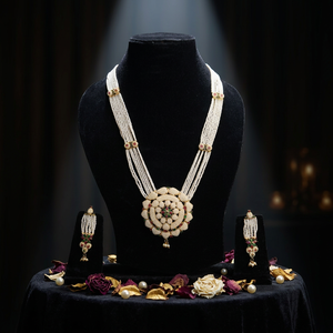 Traditional <b>Indian</b> Pearl Beaded Necklace <b>Set</b> with Gold Plated Brass Pendant and Matching Earrings for Bridal Wedding Wear - Product Image 1