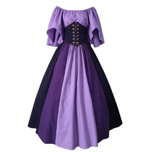 Robe de soirée médiévale européenne à épaules dénudées, patchwork coloré, manches volantées, coupe trapèze, jupe longue - Product Image 3