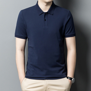 เสื้อโปโลแขนสั้นสีดำสำหรับผู้ชาย ผ้าคอตตอนเจอร์ซีย์สีพื้น สวมใส่สบาย ระบายอากาศดี ดีไซน์กระดุม ทรงปกติ ผ้าถัก - Product Image 2