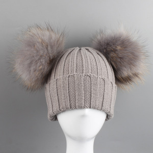 Véritable raton laveur double boule chapeau ski <span class=keywords><strong>pompon</strong></span> hiver boule de fourrure de <span class=keywords><strong>renard</strong></span> tout match parent-enfant chapeau enfants tricot chapeaux d'hiver - Product Image 6