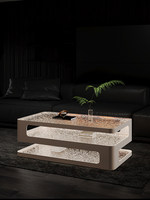 Table basse rectangulaire de style moderne minimaliste pour salon, avec plateau en verre trempé et structure en bois BTCT030