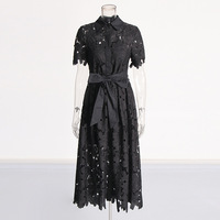 Robe midi personnalisée de style rétro pour femmes avec broderie florale en dentelle à col rabattu Robe à manches courtes à nœud floral évidé