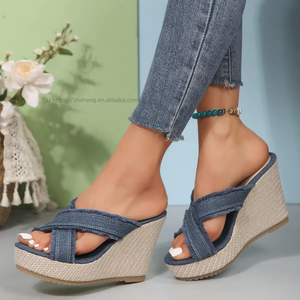 Summer New Round Head Cross Canvas Slippers Women's Fashion Foreign Trade Plus Size Denim Straw Roman <b>Shoes</b> - Product Image 1
