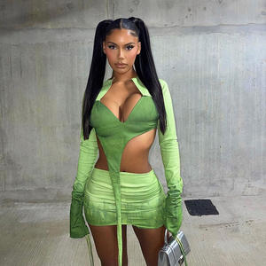 Hipster Y2K Two Piece Set Women Skirt Undefined Lengthen Ribbons Sexy <strong>Cleavage</strong> <strong>Top</strong>+Tie Dye Cut Out Slim Female Skirt - Product Image 1