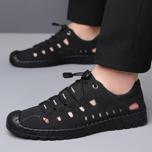 Sandales plates pour hommes en cuir véritable, à bout ouvert, à lacets, chaussures décontractées d'été respirantes, semelle extérieure en caoutchouc, couleur unie, chaussures de papa - Product Image 3