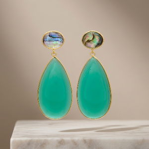 Nouveauté : Boucles d'oreilles tendance en argent sterling 925 plaqué or avec doublet Ablon et onyx vert, formes ronde et poire - Product Image 3