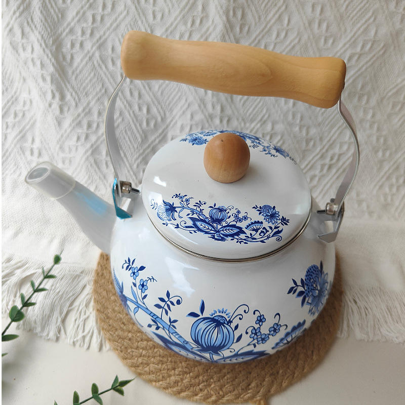 2.5L Round Enamel Teapot with Wooden Handle Eco-Friendly White Designs ...