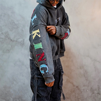 Hoodie unisexe personnalisé style streetwear, effet vieilli, délavé à l'acide, patchwork, logo brodé, couleur au choix, 100% coton