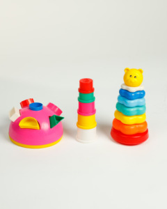 GIRNAR PRE SCHOOL SET This set has 3 educational toys namely shape sorter, <b>stacking</b> <b>rings</b> and build up beaker. - Product Image 1