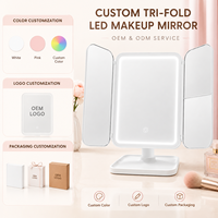Miroir de Maquillage LED Rechargeable Pliable à Trois Volets avec Grossissement 1X 2X 3X, Contrôle Tactile, Lumière Dimmable 3 Couleurs, Portable pour Coiffeuse de Bureau