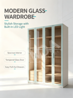 Armoire de luxe avec éclairage LED intégré, porte en verre trempé, montage facile, armoire à vêtements, armoire de chambre, décoration intérieure
