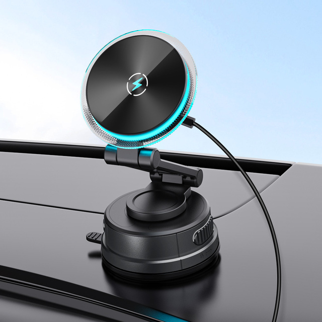 15W Magnetic Wireless Car Charger Mobile Phone Holder Fast Charging Qi2 Type-C iPhone 17 16 15 Pro Max Foldable Suction Cup