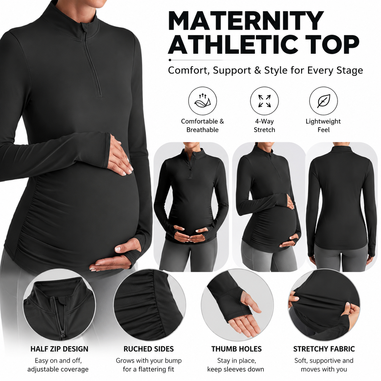 Pregnant Women Workout Sports Top Half Zipper Stand Collar Pregnancy Stretch Pleated Long Sleeve Yoga Quick Dry Spandex