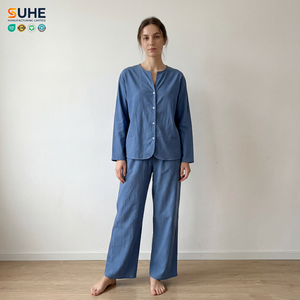 SUHE Women's Linen Pajamas <b>Set</b> Long Sleeve V-Neck Full Length Solid Blue Breathable Casual Sleepwear Spring - Product Image 1