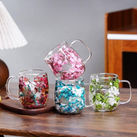 Tasse à café à double paroi isolée en verre borosilicate avec poignée, pour expresso, latte, lait, jus, thé, avec fleurs séchées