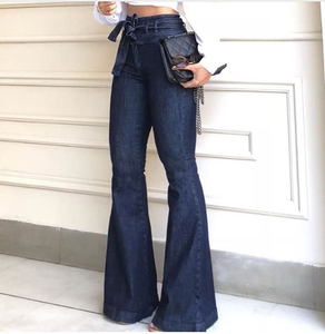 Women's Summer Casual High Waist Denim <strong>Boot</strong> Cut <strong>Pants</strong> Wholesale New Vintage Style Wide-Leg <strong>Jeans</strong> With Belt Cotton Plus Size - Product Image 1