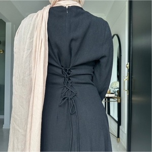 L-247 khiêm tốn vải lanh thoáng khí Polyester thanh lịch Chiều dài mắt cá chân abaya phụ nữ hồi giáo quần áo dài dây rút - Product Image 3