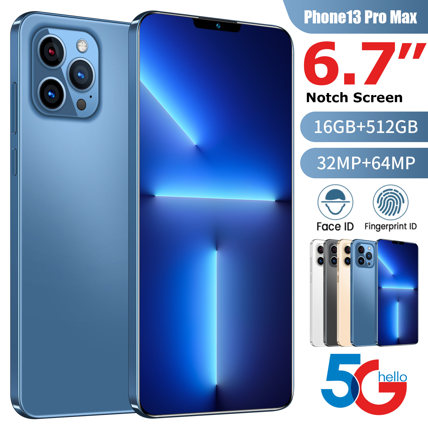 Смартфон i13 Pro Max +, 6,7 дюйма, 16 + 512 ГБ, Android, 10 ядер, 5G LET phone 3, камера, распознавание лица, разблокированная версия мобильного телефона