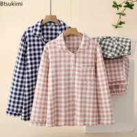 Nouvel ensemble de pyjamas décontractés en coton pour femme, automne-hiver, 2 pièces, motif écossais, col rabattu, vêtements de nuit, tenue d'intérieur pour couple