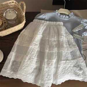 Tongxingyuan Girls Lace Hollow Out A-Line Skirt Off White Cotton Midi Childrens Dress Spring Summer Style - Product Image 1