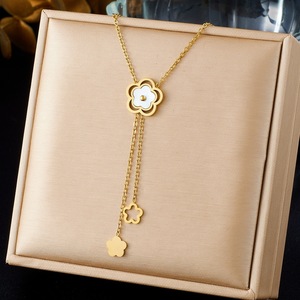 Stylish Hollow Flower Gold Plated White Shell Pendant Stainless Steel Necklace For Daily Wear Gift - Product Image 1