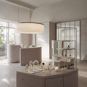 Aménagement intérieur de boutique de parfums et cosmétiques sur mesure Wabi Sabi en travertin, mobilier complet pour magasin, présentoir de beauté pour la vente au détail - Product Image 6