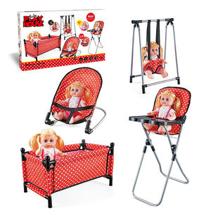 MILI Ensemble de jeu de rôle 4 en 1 avec chariots en plastique, balançoires, chaises de salle à manger, chaises à bascule et poupée Ic de 14 pouces - Product Image 1