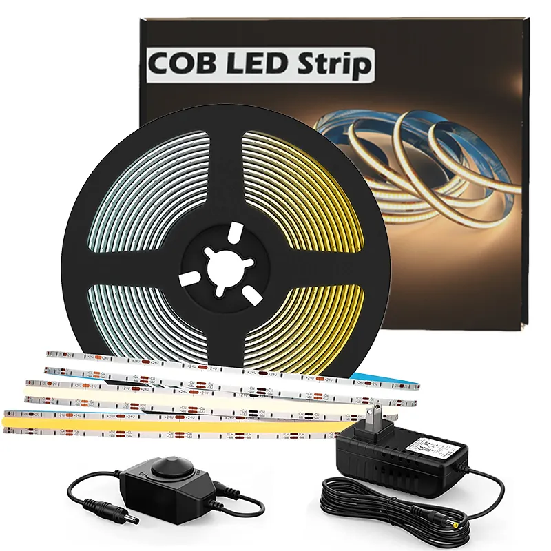 16.4ft/5M COB LED 스트립 라이트 세트, 따뜻한 화이트 8m Dimmable 유연한 Led 스트립 336LEDs/M 리본 라이트 스트립 테이프 조명 홈