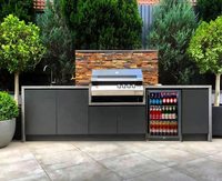 Meuble de cuisine extérieur en acier inoxydable pour villa, design moderne, avec charnière industrielle, panier de tiroir, évier, robinet et glissière de tiroir