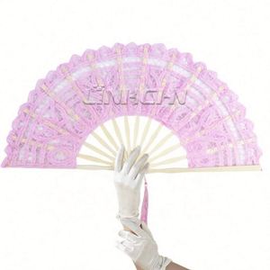 High Quality Traditional Folk Art Antique Bamboo Lace Hand Fan 27cm Polyester Silk Screen Printed for Wedding Favors <b>Gifts</b> - Product Image 2