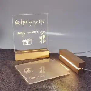 Tableau effaçable à sec LED en acrylique transparent éclairant le support de base en bois tableau de notes de bureau transparent dessus de table LED Lucite babillard