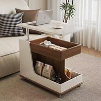 Table basse moderne en pierre avec roulettes, hauteur réglable, rangement et design portable pour salon