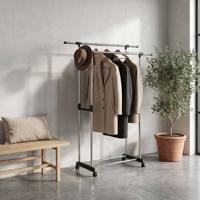 Porte-vêtements métallique robuste à double barre réglable, séchoir à linge sur roulettes, support de lavage télescopique, design moderne et minimaliste