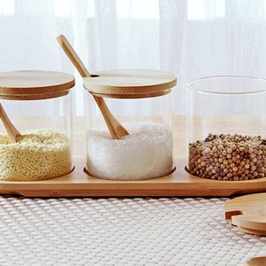 3er Pack Gewürz behälter mit Bambus deckel und Holz tablett Bambus löffel für Gewürz behälter Glas Gewürz glas <span class=keywords><strong>Set</strong></span> - Product Image 4