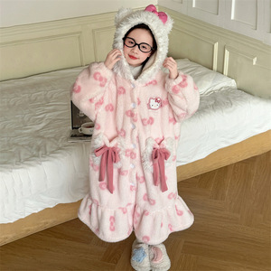 Pigiama in pile corallo <span class=keywords><strong>da</strong></span> <span class=keywords><strong>bambina</strong></span> con cappuccio, maniche lunghe, vestaglia casual con elastico in vita, spesso, invernale, dolce, stile principessa, per casa, OEM - Product Image 4