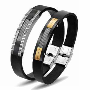 Pulsera de Cuero Negro de 11 mm para Parejas, Diseño Geométrico de Acero Inoxidable, Joyería Unisex para Regalo - Product Image 1