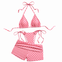 Traje de Baño Ecológico Personalizado con Diseño de Puntos, Bikini de 3 Piezas con Lazos Laterales Triangulares y Pantalones Cortos Fruncidos