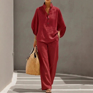 Proveedor Mayorista de Boutique para <span class=keywords><strong>Mujer</strong></span> en EE. UU., Conjunto de Algodón y <span class=keywords><strong>Lino</strong></span> de Color Sólido para <span class=keywords><strong>Mujer</strong></span>, Conjunto Largo de Otoño, Conjunto de Manga Tres Cuartos para <span class=keywords><strong>Mujer</strong></span> - Product Image 1
