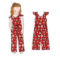 Combinaison boutonnée sans manches à imprimé mignon, adaptée aux filles, avec jambes larges et poches, pour un usage décontracté estival