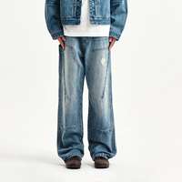 Jean en denim personnalisé pour homme, double épaisseur aux genoux, bleu délavé vintage, coupe ample à jambe large, bords bruts, déchiré, coutures renforcées, vente en gros